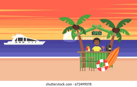 Summer background - sunset beach. Vacation at the ocean. The sun going down over the horizon is sunset. African man. Sea, yacht, bar and a palm tree. Vector illustration. Modern flat design.