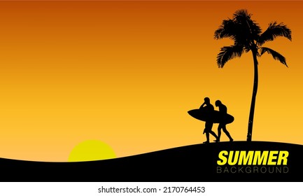 Sommerhintergrund. Sonnenuntergang am Strand. Silhouette von Palmen, zwei Surfer, Surfbrett und Strand. Sonneneinstellung. orangefarbener Farbverlauf. Ideal für Hintergründe, Karten, Web, Banner, Vorlage. Bearbeitbar, EPS10