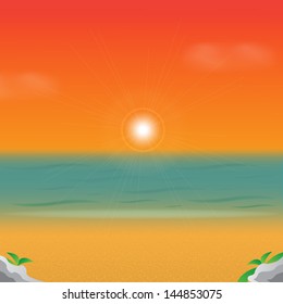 Summer background. Sunset, sea and beach. EPS10 vector