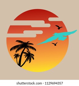 Summer Background with sunset,palm tree and seagull flying