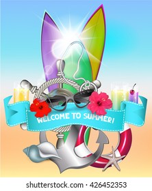 Summer background with surfboards, flowers, cocktails, and some sea design elements. Vector illustration