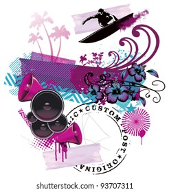 summer background with surfer jumping and flowers