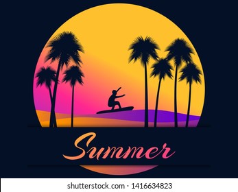 Summer background with a surfer and palm trees on a sunset background. Gradient yellow and purple. Vector illustration
