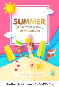 Summer Background with Sweet Travel Vacation Elements. Exotic Trip Design. Paper Art. Sun, Waves, Clouds, Beach, Island, Starfish, Hearts, Suitcase and Ice Cream. Vector illustration