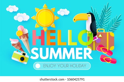 Summer Background with Sweet Travel Vacation Elements. Exotic Trip Design. Paper Art. Sun. Clouds, Blue Sky, Palm Leaves, Suitcase, Ice cream, Camera, Toucan and Flip Flops. Vector illustration