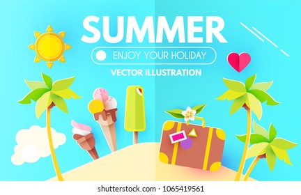 Summer Background with Sweet Travel Vacation Elements. Exotic Trip Design. Paper Art. Sun, Palms, Island, Heart, Clouds, Blue Sky, Beach, Plumeria Flower, Suitcase and Ice Cream.. Vector illustration