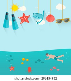 Summer background with swimming human and hanging summertime icons, vector illustration