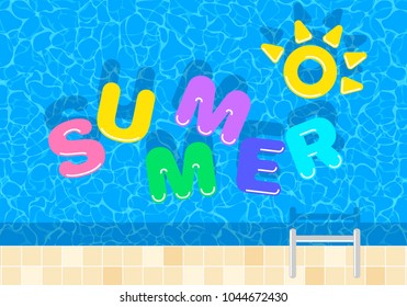 summer background. swimming pool with floating letters on the water top view