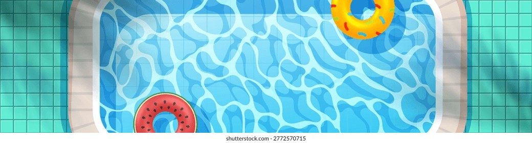 Summer background with swimming pool top view. Water rippled texture, swim rings and leaves shadows