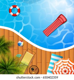 Summer background with swimming pool, umbrella, mattress
