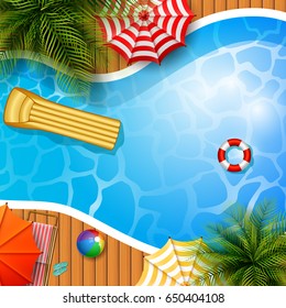 Summer background with swimming pool, umbrella, mattress and inflatable ring
