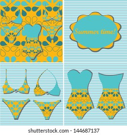 Summer background, swimsuit and floral pattern sets