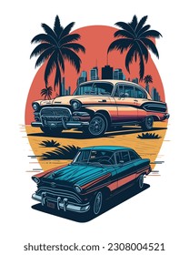 Summer background T shirt design with Retro car and palm tree silhouette for poster ,T-shirt design,tattoo,sticker design element. 