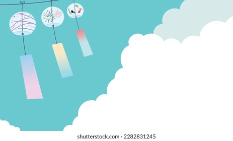 Summer background template of blue sky with clouds and various wind chimes