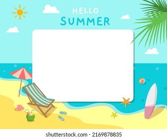 Summer background template design with beach on the sea and white space.