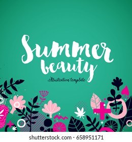 Summer background template with flowers and abstract elements. Botanical illustration for posters, invitations and advertising.