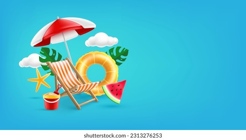 Summer Background template With Fruit Pool Floats, Beach Chairs, Beach Umbrella and Summer element on blue background.Promotion and shopping template for Summer season