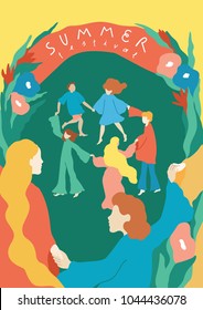 Summer Background Template. Old-fashioned festival. Round dance, kids roundelay