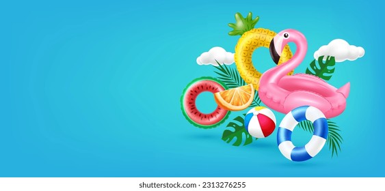 Summer Background template With Pink Flamingo Pool Float,Fruit Pool Floats and Summer element on blue background.Promotion and shopping template for Summer season