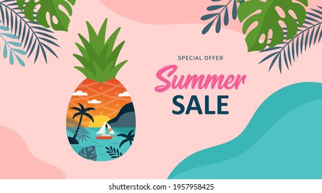 Summer background template for social media, banner or poster design. Tropical beach landscape with palm trees in pineapple creative concept.