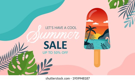 Summer background template for social media, banner or poster design. Tropical beach landscape with palm trees in ice cream creative concept.