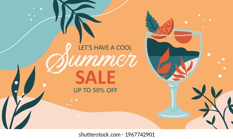 Summer background template for social media, banner or poster design. Tropical beach landscape with palm trees in cocktail glass creative concept.