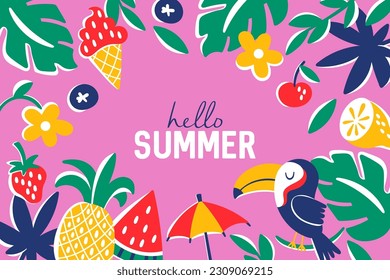 Summer background template for social media, banner or poster design. Tropical fruit, toucan and  palm leaves trendy elements. Childish print