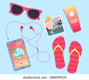 Summer background. Template with sunglasses, flip flops and sunblock. Vector illustration