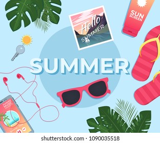 Summer background. Template with tropical leaves. Vector illustration