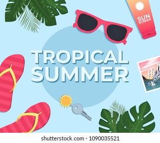 Summer background. Template with tropical leaves. Vector illustration