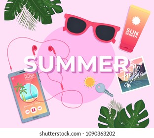 Summer background. Template with tropical leaves. Vector illustration