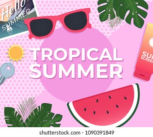 Summer background. Template with tropical leaves. Vector illustration