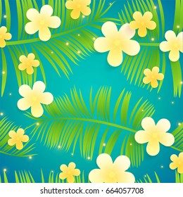 Summer background template with trpical flovers and palm leaves. Useful for advertising and invitations.Vector illustration