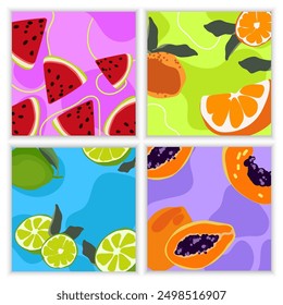 Summer background templates with different abstract fruits watermelon, papaya, lime, orange set. Summer design for seasonal editable text template and background layout collection. Vector illustration