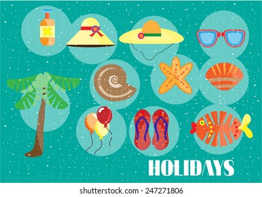 Summer background with text Holidays, summer icons