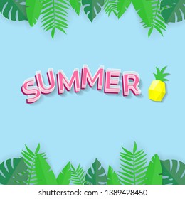 Summer background with text tropical  leafs and pineapple - paper art vector illustration