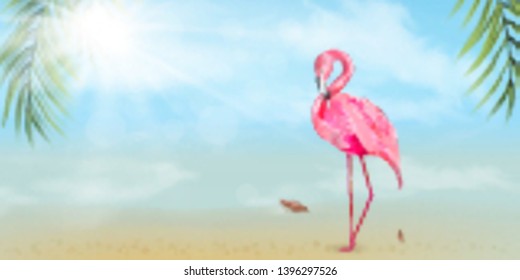 Summer background. Texture of water surface. Overhead view. Vector illustration. Hello summer. Pink flamingo, watercolor splashes, colorful paint drops