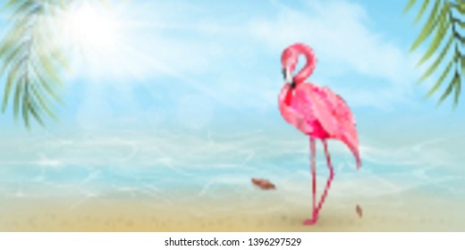 Summer background. Texture of water surface. Overhead view. Vector illustration. Hello summer. Pink flamingo, watercolor splashes, colorful paint drops