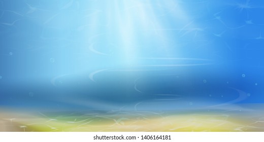 Summer background. Texture of water surface. Underwater world nature scene background. Ocean, sea bottom life with blue water, seagrass, exotic fish, bubbles, seaweed, rays of sunshine.