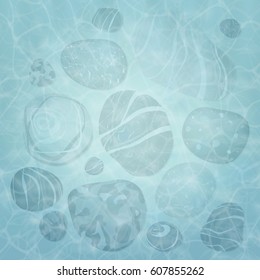 Summer background. Texture of water surface. The bottom of the lake. Stones, sand. Overhead view. Vector illustration nature background.