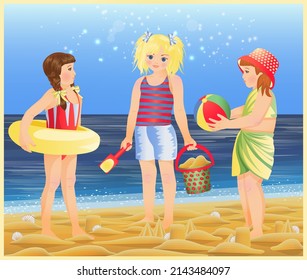Summer background. Three little girls are playing on the beach. vector illustration