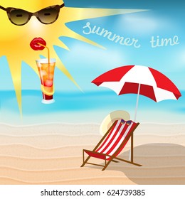 Summer background  time title Sand,Horizon Background,Cocktail Glass,summer vacation,sea,umbrella,deckchair,panama hat.Umbrella,deckchair,suntanned sexy legs beach.Summer card.Vector illustration