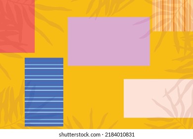 Summer background. Top view of beach towels with palm tree shadow. Vector flat design illustration. 
