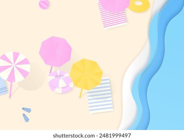 Summer background. Top view beach and sea with pastel beach umbrella, picnic mat, and inflatable ring. Paper cut style.