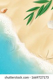 Summer background with top view on beach. Top view on ocean beach with soft waves and tropical leaf. Beautiful background with seashells on sea sand. Vector illustration.