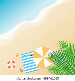 Summer background. Top view with sunglasses, starfish, flip flop, lifebuoy, flower and leaf on beach background. Season vacation, weekend. Vector Illustration.
