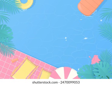 Summer background. Top view swimming pool with beach chair, inflatable ring, and tropical trees.