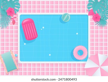 Summer background. Top view swimming pool on summer vacation with tropical trees and inflatable ring.