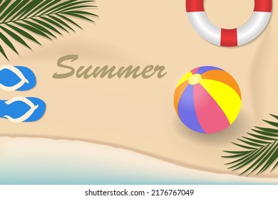 Summer background with top view of tropical summer design, palm leaves, ball, circle and flip-flops. Vector illustration