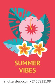 Summer background with toucan sitting on a branch in the tropical forest. Exotic bird and leaves. Vector illustration, poster, card, invitation